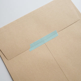 Brown envelope with a strip of blue tape on a light gray background