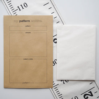 Patterntrace sewing pattern envelope next to a test sample, cut length of Patterntrace swedish tracing paper